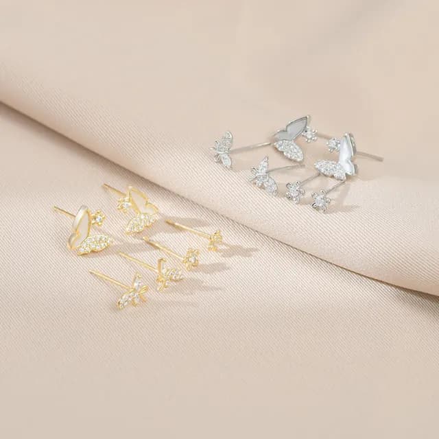 【Umi】一卡3對925純銀針微鑲鋯石蝴蝶造型耳環65651(日韓時尚潮流耳飾耳針耳墜耳釘)
