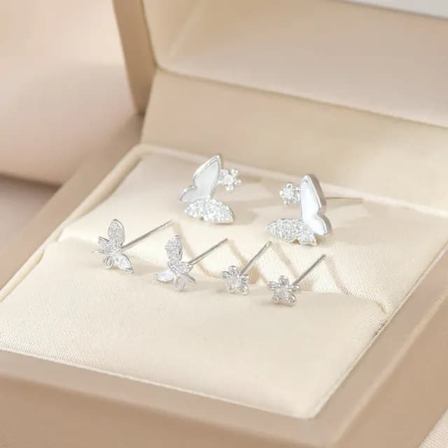 【Umi】一卡3對925純銀針微鑲鋯石蝴蝶造型耳環65651(日韓時尚潮流耳飾耳針耳墜耳釘)