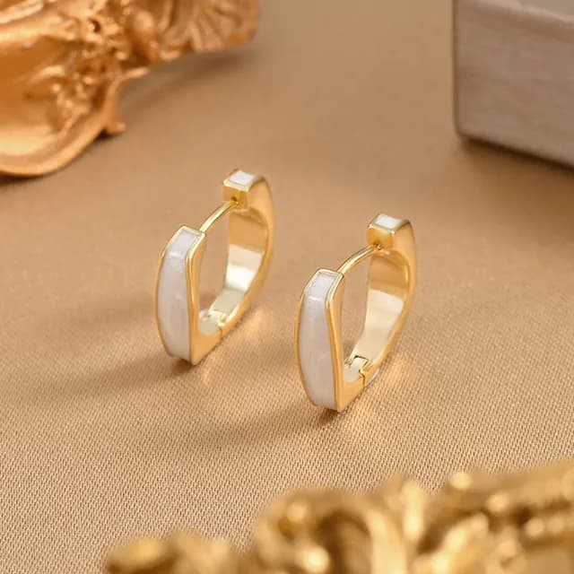 【Umi】925純銀針淡金色復古輕奢象牙米白色方形環繞環形耳環65296(日韓時尚潮流耳飾耳針耳墜耳釘)