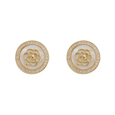【Umi】925純銀針淡金色微鑲鋯石復古輕奢珍珠光澤花朵造型圓形耳環864(日韓時尚潮流耳飾耳針耳墜耳釘)