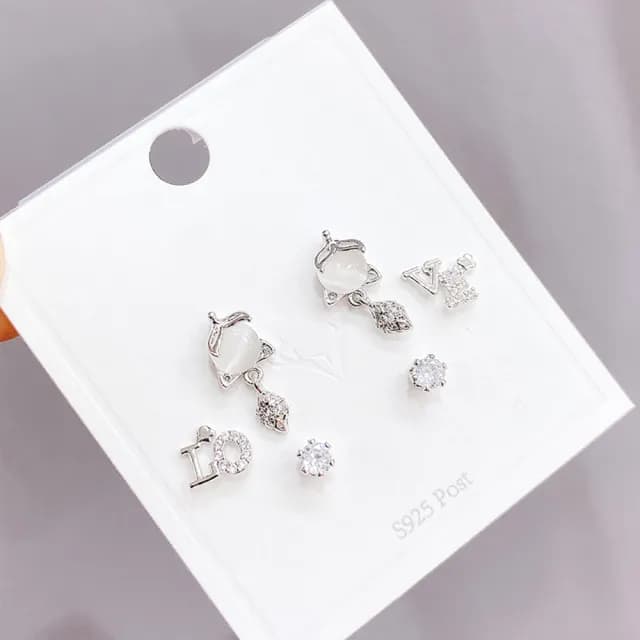 【Umi】一卡3對925純銀針微鑲鋯石貓眼石水滴吊墜LOVE造型耳環(日韓時尚潮流耳飾耳針耳墜耳釘)