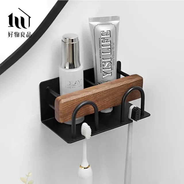 【好物良品】雙人款_浴室防水防鏽原木牙刷漱口杯置物掛架(浴室掛架 保養品收納架 置物層架支架 浴室掛架)