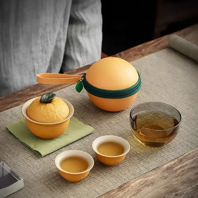 【美好寓意】大橘大利陶瓷旅行茶具組(便攜 旅遊 露營 茶杯 茶壺 沖茶 泡茶組 快客杯 商務)
