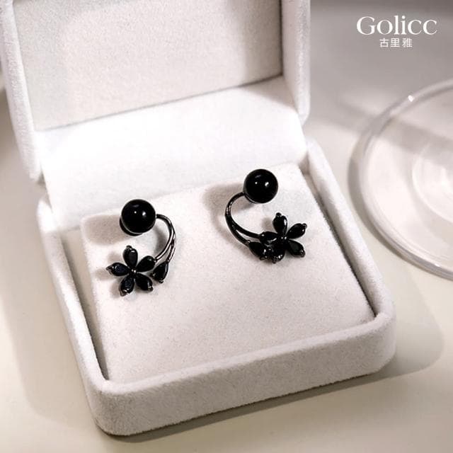 【Golicc】耳環 黑色 花朵 珍珠(母親節 生日 情人節 飾品 耳釘 耳飾 耳墜 禮物)