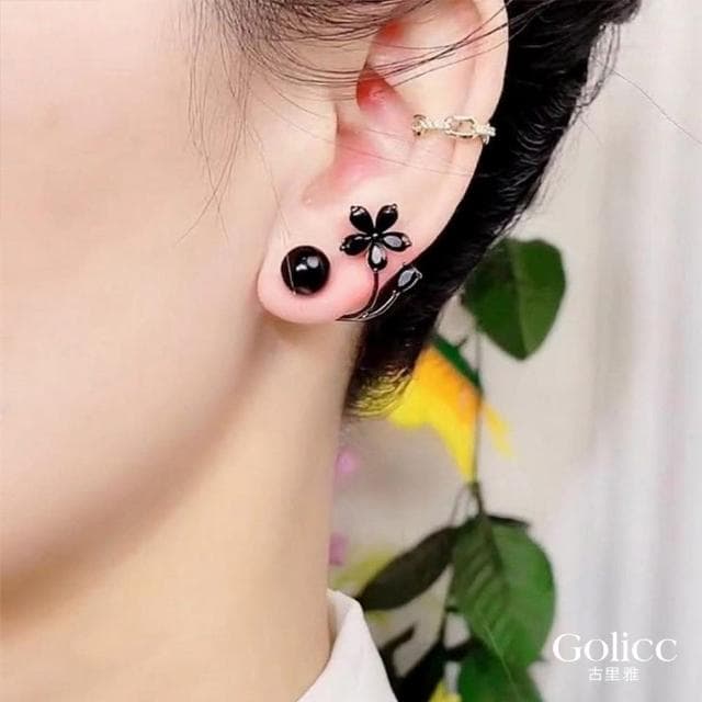 【Golicc】耳環 黑色 花朵 珍珠(母親節 生日 情人節 飾品 耳釘 耳飾 耳墜 禮物)