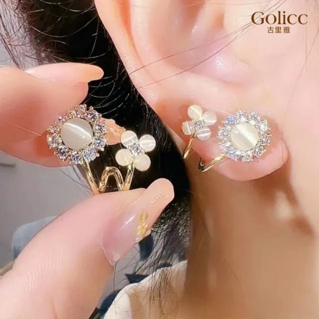 【Golicc】耳環 貓眼 鋯石 花朵(七夕 情人節 生日 飾品 耳釘 耳飾 耳墜 禮物)
