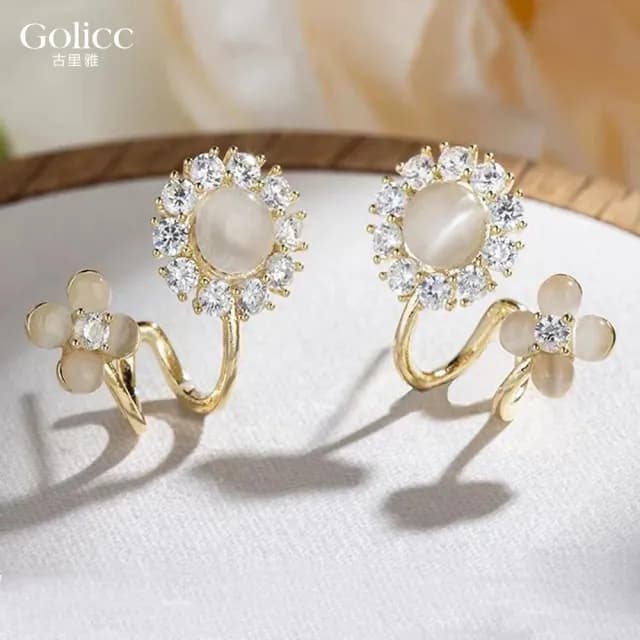 【Golicc】耳環 貓眼 鋯石 花朵(七夕 情人節 生日 飾品 耳釘 耳飾 耳墜 禮物)