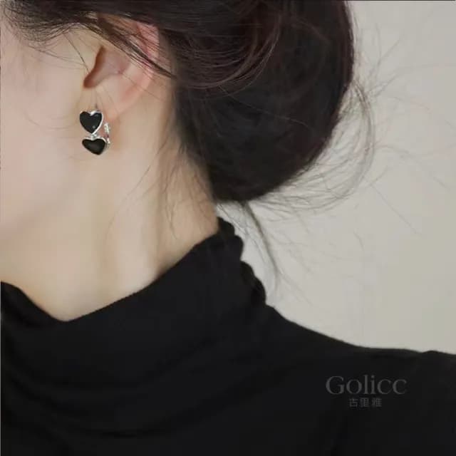 【Golicc】耳環 黑 愛心(99購物限定 生日 飾品 耳釘 耳飾 耳墜 禮物)