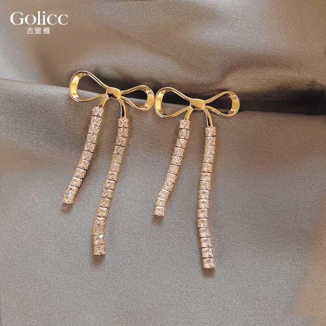 【Golicc】耳環 蝴蝶結 長款 流蘇(99購物限定 生日 飾品 耳釘 耳飾 耳墜 禮物)