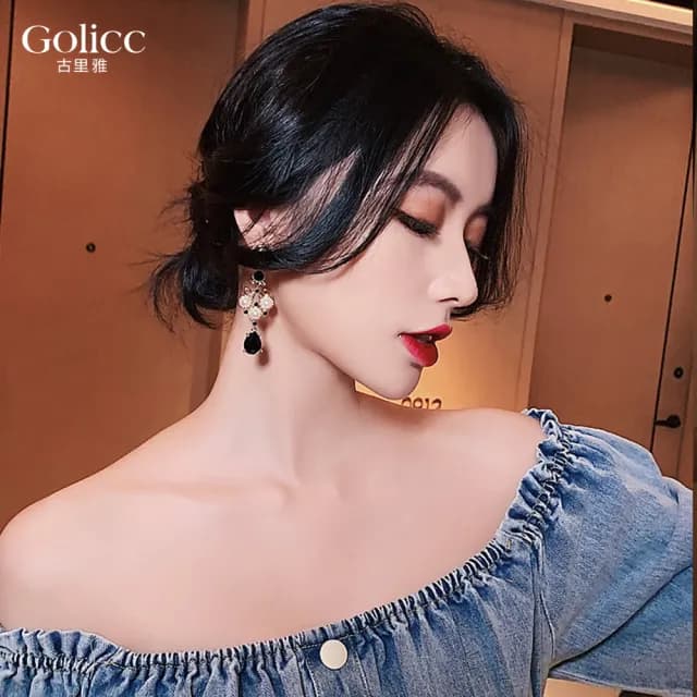 【Golicc】耳環 宮廷 黑水滴(七夕 情人節 生日 飾品 耳釘 耳飾 耳墜 禮物)