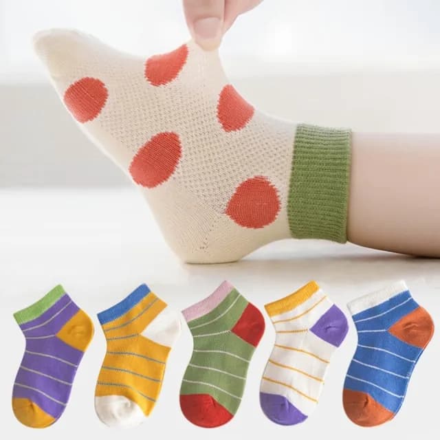 【橘魔法】（5雙一組）透氣網眼撞色拚接拚色中筒襪(短襪 襪子 中童 中性款 兒童 童襪 男童 女童 童裝)