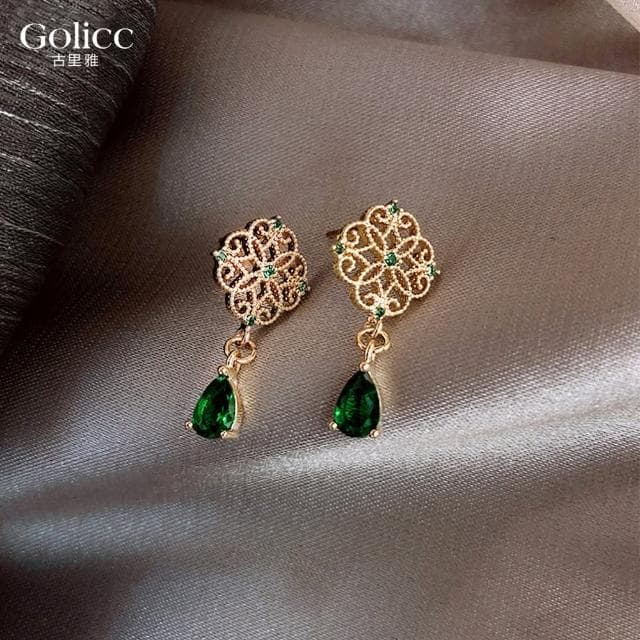 【Golicc】耳環 祖母綠 水滴(母親節 生日 情人節 飾品 耳釘 耳飾 耳墜 禮物)