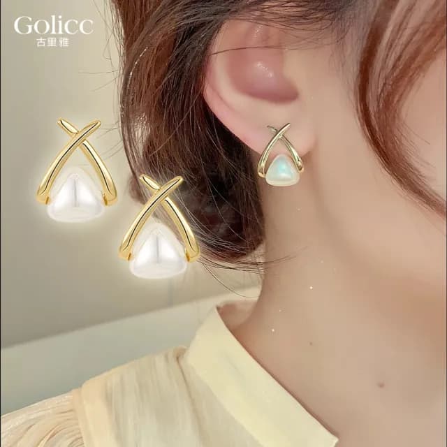 【Golicc】耳環 韓版 交叉 珍珠(七夕 情人節 生日 飾品 耳釘 耳飾 耳墜 禮物)