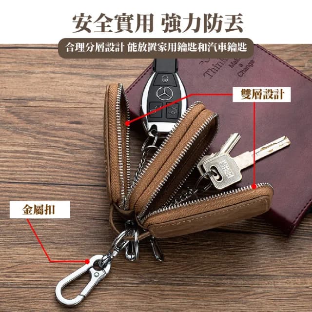 【男士配件】父親節禮物 真皮 雙層復古牛皮鑰匙包(汽車鑰匙 拉鍊包 隨身包 遙控包 門禁扣 掛腰鑰匙包