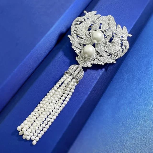 【米蘭精品】現貨+預購 珍珠胸針925純銀胸花(12mm鳳凰涅槃流蘇女飾品聖誕節交換禮物74gh19)