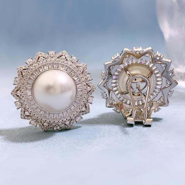 【米蘭精品】現貨+預購 珍珠耳環925純銀耳針(花形12mm貝珠鑲鑽女飾品聖誕節交換禮物74gh6)