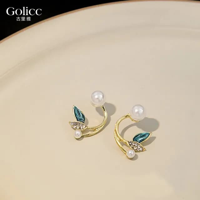 【Golicc】耳環 韓國 珍珠 閃鑽 樹葉(七夕 情人節 生日 飾品 耳釘 耳飾 耳墜 禮物)