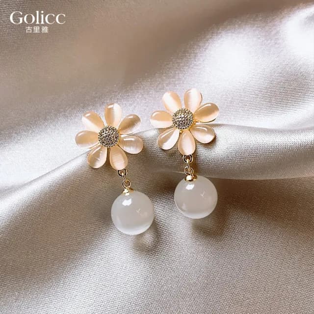 【Golicc】耳環 貓眼石 花朵(七夕 情人節 生日 飾品 耳釘 耳飾 耳墜 禮物)