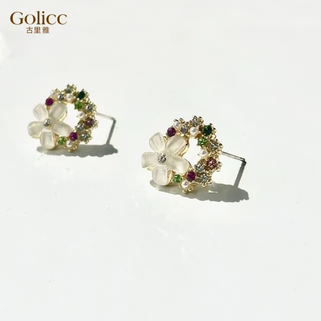 【Golicc】耳環 花朵 鑲鑽(七夕 情人節 生日 飾品 耳釘 耳飾 耳墜 禮物)