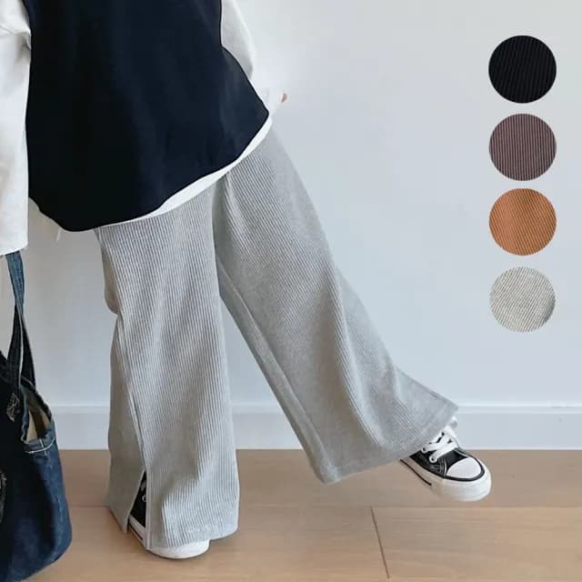 【橘魔法】羅紋坑條下擺小開岔寬褲（小孩賣場）(長褲 闊腿褲 親子裝 大童 女童 童裝 兒童)