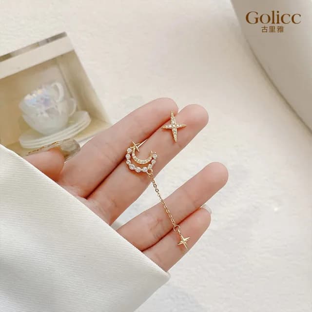 【Golicc】耳環 星月 不對稱(七夕 情人節 生日 飾品 耳釘 耳飾 耳墜 禮物)