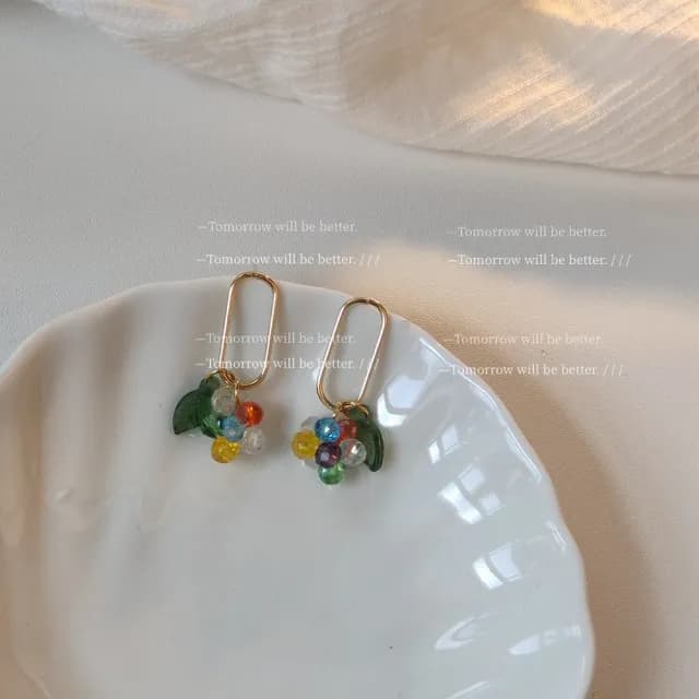 【TWINKLE】耳環 海島特輯｜手作玻璃水晶彩球花925銀針耳環#TW0255(925銀針)