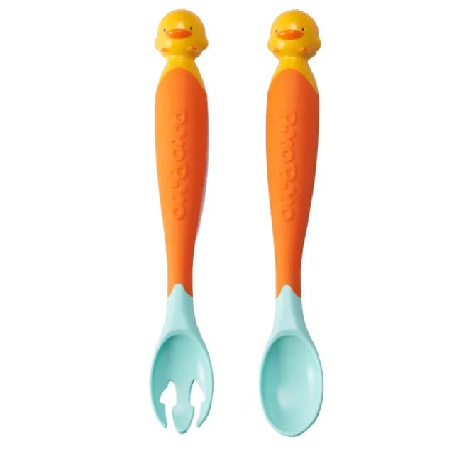 【Piyo Piyo 黃色小鴨】神奇感溫湯叉組(寶寶學習餐具 保潔盒 人體工學)