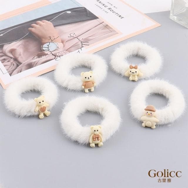 【Golicc】髮圈 奶茶色 毛絨 小熊 兩入(母親節 生日 情人節 髮飾 頭飾 大腸圈 髮夾 禮物)