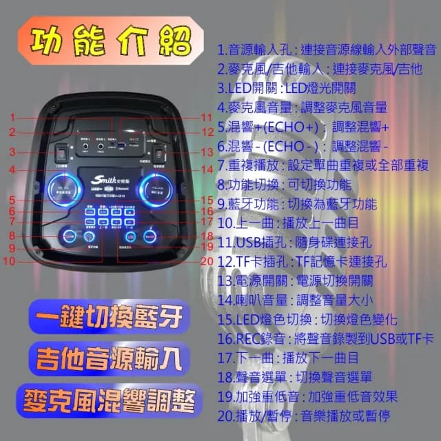 【Smith 史密斯】藍牙移動式音響A-0818(活動音響/8吋音響/藍牙/USB/TF卡)