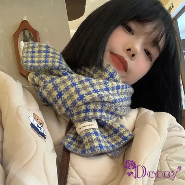 【Decoy】復古格紋＊羊絨針織撞色保暖圍巾