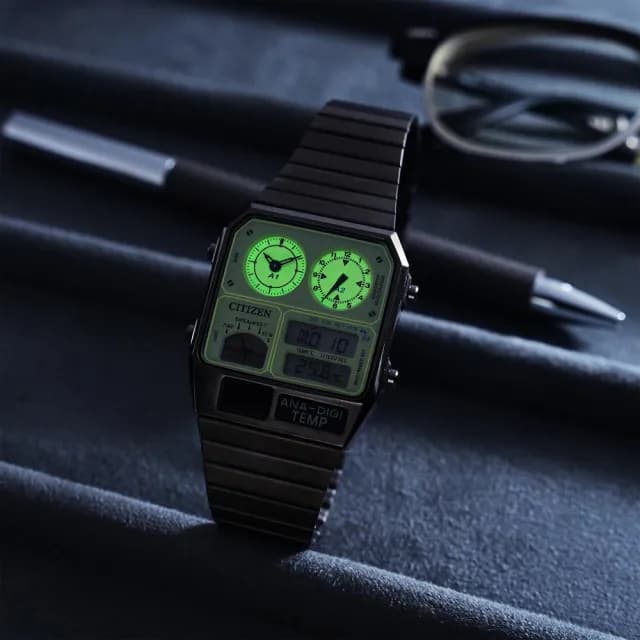 【CITIZEN 星辰】夜光型者80年代復古手錶 指針/數位/溫度顯示 七夕 情人節禮物(JG2147-85X)