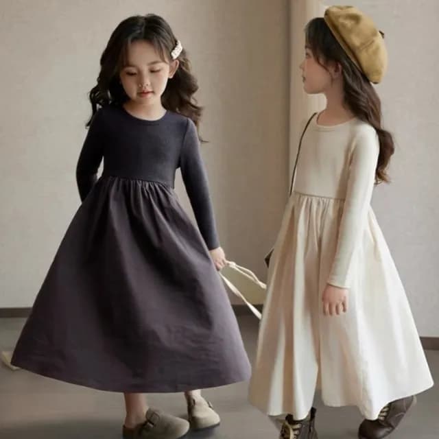 【橘魔法】羅紋坑條長袖連身洋裝(大童 連身裙 連衣裙 兒童 洋裝 中童 童裝 女童)