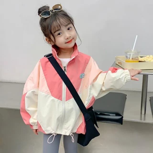 【橘魔法】粉拚色立領風衣拉鍊外套(長袖外套 薄外套 風衣 女童 兒童 中童 童裝)