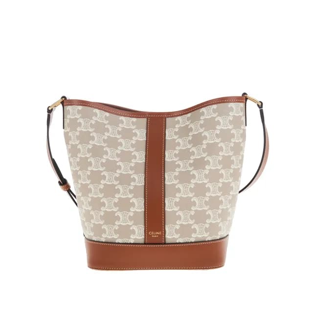 【CELINE】新色標誌印花牛皮革邊小型BUCKET CUIR TRIOMPHE斜背包(米棕色)