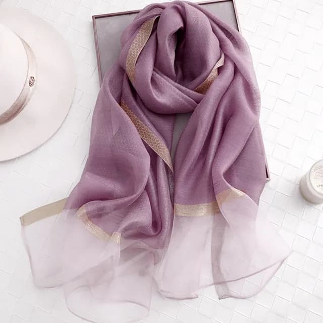 【AnnaSofia】真絲羊毛混紡大尺寸披肩絲巾圍巾-蔥點飾條透紗下擺 現貨(藕紫粉系)