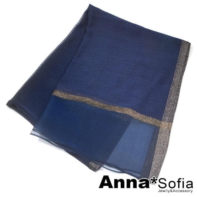 【AnnaSofia】真絲羊毛混紡大尺寸披肩絲巾圍巾-蔥點飾條透紗下擺 現貨(深邃藍系)