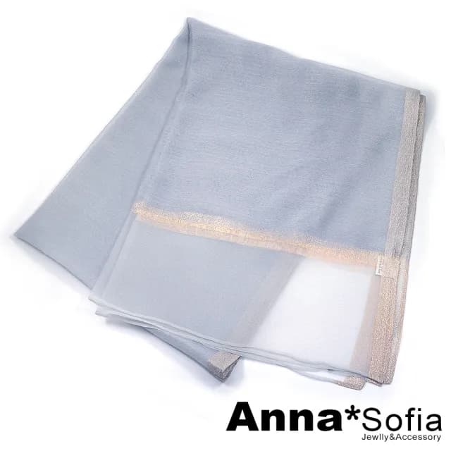 【AnnaSofia】真絲羊毛混紡大尺寸披肩絲巾圍巾-蔥點飾條透紗下擺 現貨(銀灰系)