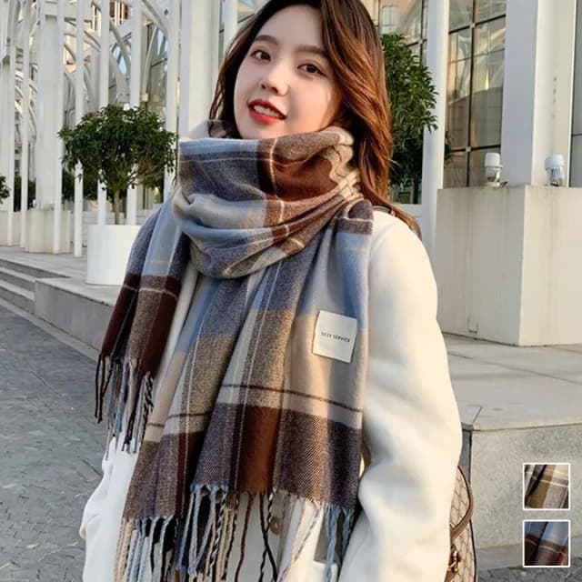 【Amirr 艾米爾】★ 流蘇格子仿羊絨加厚圍巾(圍脖/女圍巾/保暖)