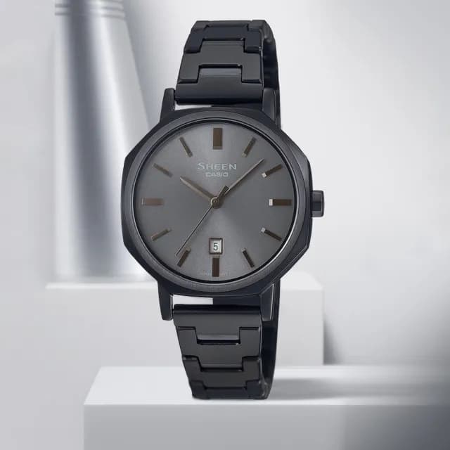 【CASIO 卡西歐】SHEEN 文青風格 八角形鍊帶女錶 畢業禮物 送禮(SHE-4554BD-8A)