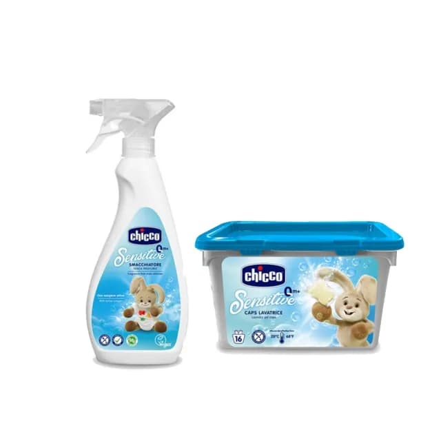 【Chicco】超濃縮嬰兒洗衣膠囊16入+嬰兒衣物去漬噴霧500ml