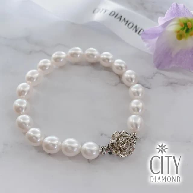 【City Diamond 引雅】天然珍珠 手鍊 耳環 套組(珠潤月詠系列)