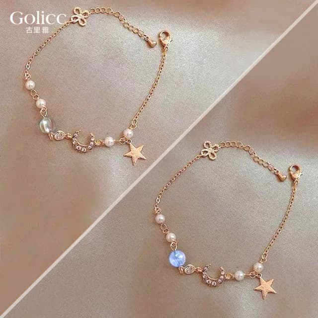 【Golicc】手鍊 星月 鋯石 珍珠(七夕 情人節 生日 手環 手繩 首飾 飾品 禮物)