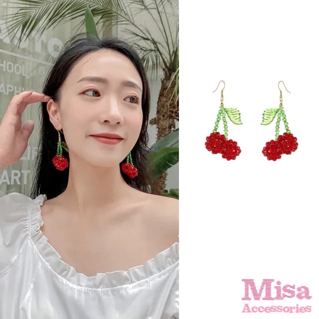 【MISA】韓國設計甜美水晶串珠可愛櫻桃造型耳環(水晶耳環 串珠耳環 櫻桃耳環)