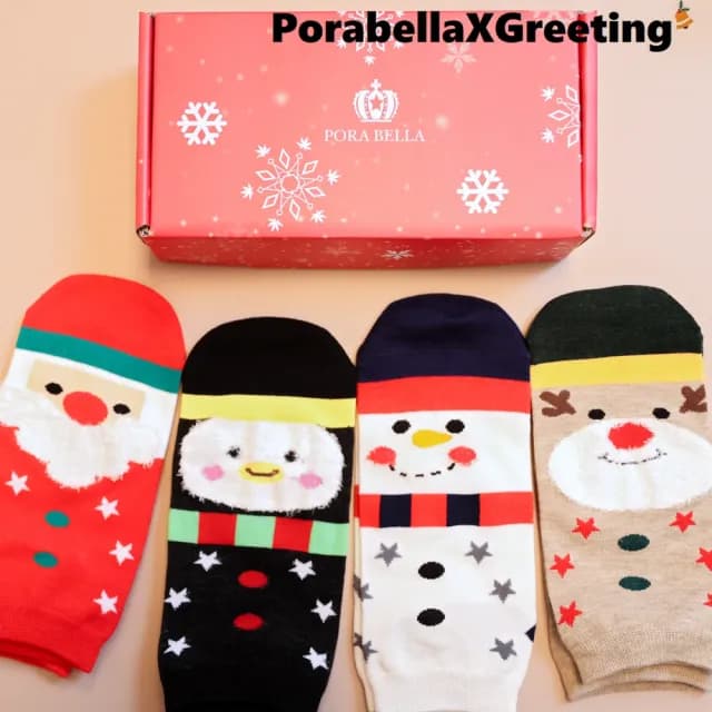 【Porabella】盒裝繽紛撞色聖誕中筒襪交換禮物雪人麋鹿雪人點點撞色可愛聖誕節必買精美包裝(一組4雙)