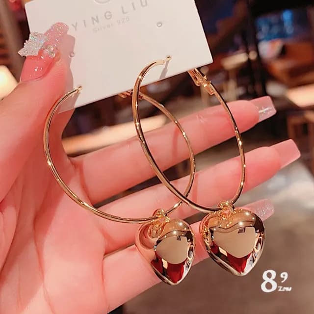 【89 zone】法式環空心愛心大耳 飾品 耳飾 吊墜耳環 長款耳環 流蘇耳環 耳釘 耳環(金/銀)