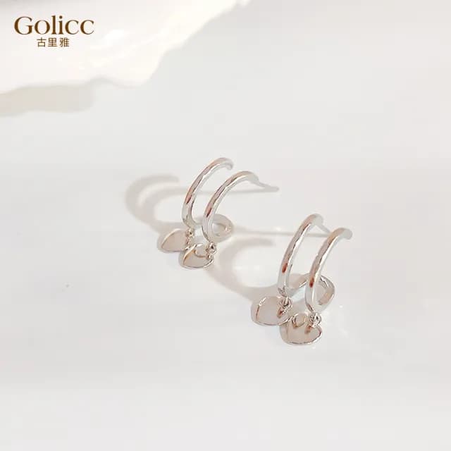 【Golicc】耳環 法式 半包形 雙層 雙愛心(七夕 情人節 生日 飾品 耳釘 耳飾 耳墜 禮物)