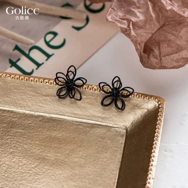 【Golicc】耳環 日韓 雙層 黑色 花朵(七夕 情人節 生日 飾品 耳釘 耳飾 耳墜 禮物)