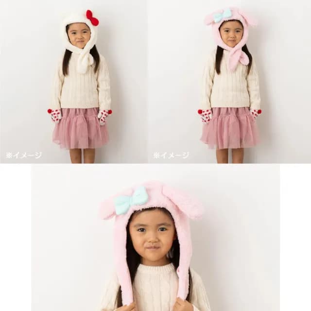 【小禮堂】三麗鷗 兒童造型絨毛圍巾長耳帽 - 耳朵款 Kitty 美樂蒂(平輸品)