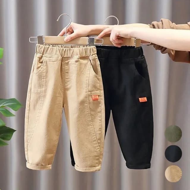 【橘魔法】螢光微笑圓弧剪裁鬆緊褲頭休閒褲 (卡其褲 長褲 褲子  兒童 童裝 中童 男童)