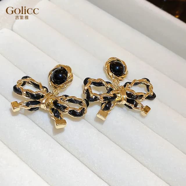 【Golicc】耳環 法式 黑色 蝴蝶結(七夕 情人節 生日 飾品 耳釘 耳飾 耳墜 禮物)